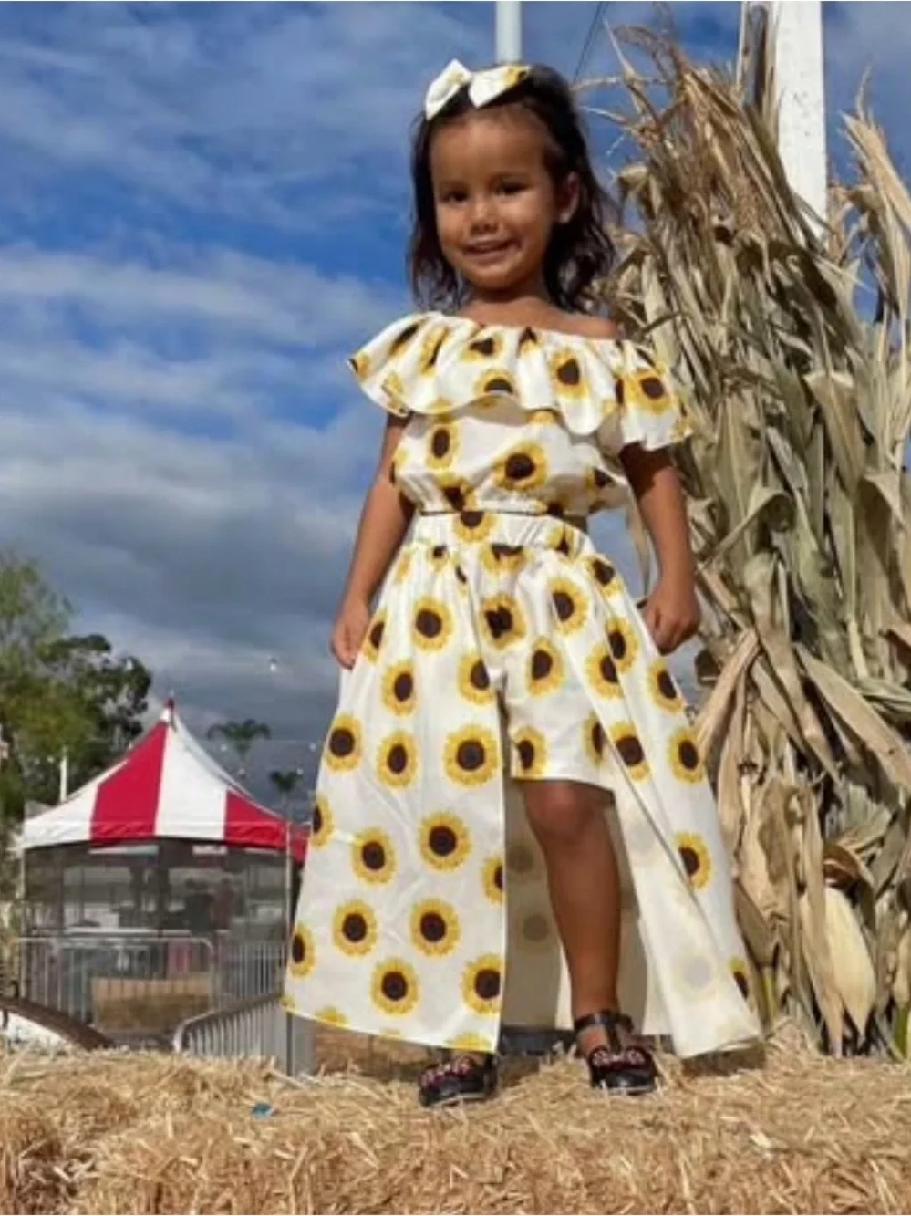 Girls Sunflower 2pc Set Off-Shoulder Crop Top + High-Low Skirt Size 100 (2T-3T)